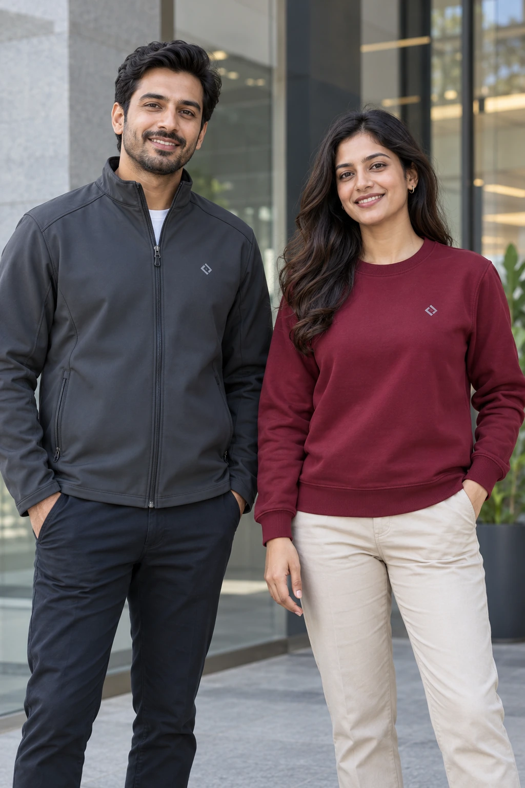 Colleagues wearing a charcoal corporate jacket and a burgundy sweatshirt